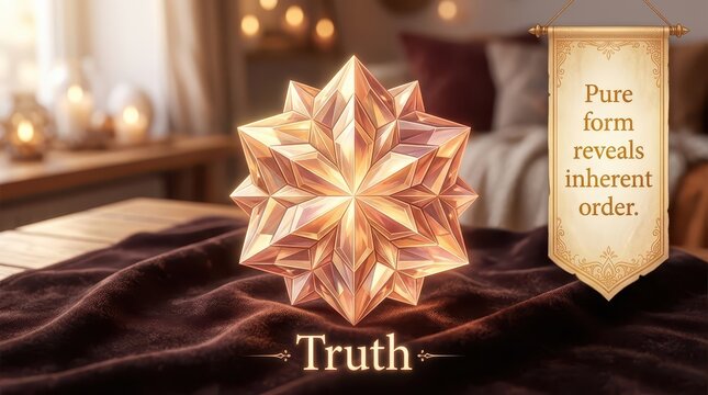 Ethereal faceted crystal starburst sculpture emitting soft light, representing truth and inherent order, set against a warm, inviting, dimly lit inter