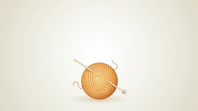 Flat illustration of yarn ball with crochet hook ready for crafting on plain background with prepared knitting crochet work inserted prepared
