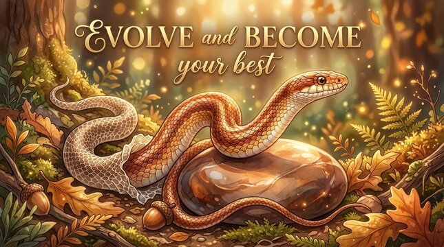 Evolving snake sheds skin on rock in mystical forest, symbolizing growth, transformation, and self-improvement