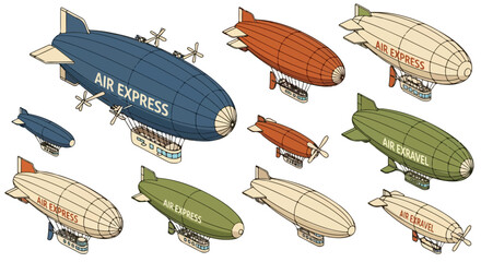 Vintage isometric airship collection, set of 10 steampunk zeppelin vectors, retro air express dirigibles for travel design © Muhammad