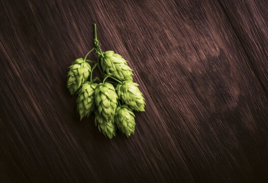 Fresh green hop cones on a rustic dark wooden background for craft beer brewing concept