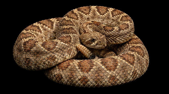 Coiled rattlesnake with rattle on black background