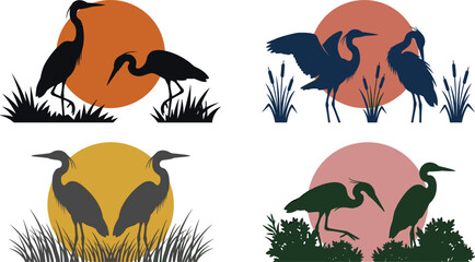 Fototapeta premium Heron Bird Silhouette Illustration Set with Wading Cranes, Wetland Reeds, Bushes and Colorful Sunset Circle Backgrounds