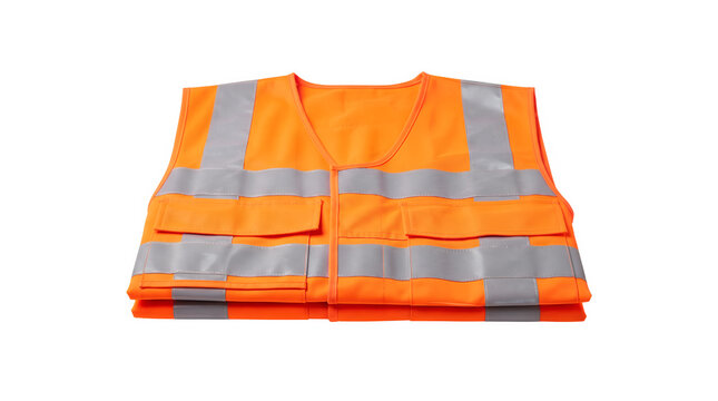 Orange high visibility safety vest with reflective silver stripes. Industrial protective workwear garment. Neon security waistcoat on white background.