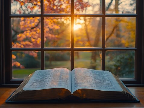 Open bible rests on a window sill, sunlight streams through the window behind it, illuminating the pages