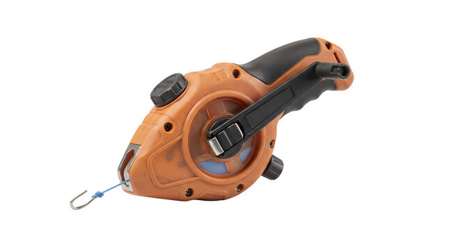 Industrial chalk line reel with orange plastic casing, professional construction marking tool, manual snapping line for carpentry