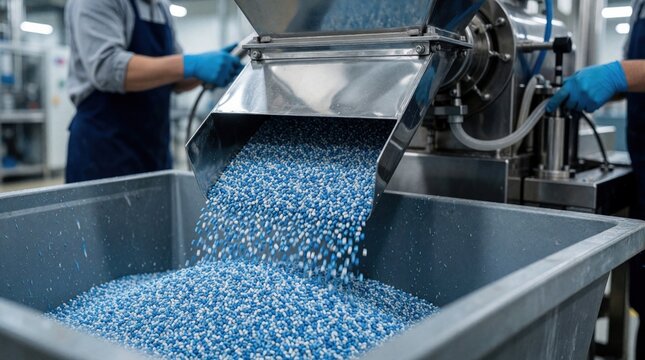 Blue, white recycled plastic pellets fall from steel chute into large metal bin. Industrial machine processes polymer granules in manufacturing plant. Worker in blue gloves operates equipment during