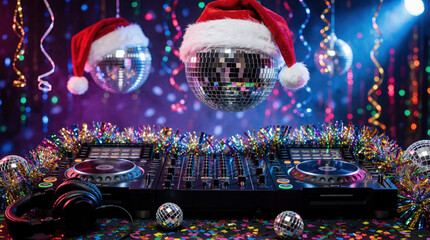 Naklejka premium DJ decks with disco balls and Santa hats await New Year celebration. Festive lights sparkle, creating vibrant party atmosphere. Music setup ready for holiday dance and fun.