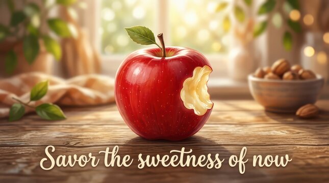 Fresh red apple with a bite taken out, on a rustic wooden table with nuts and soft background bokeh lights, symbolizing healthy eating and natural swe