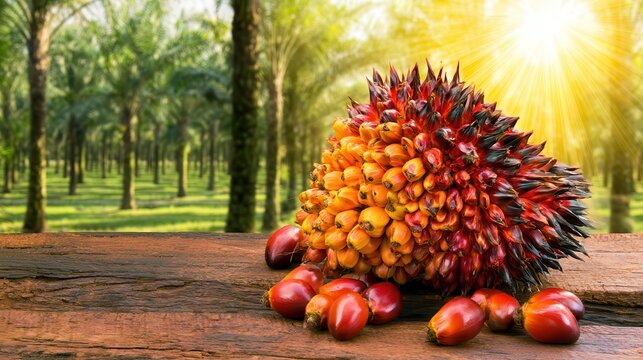 Fresh oil palm fruit cluster on wooden table in plantation with warm sunlight background