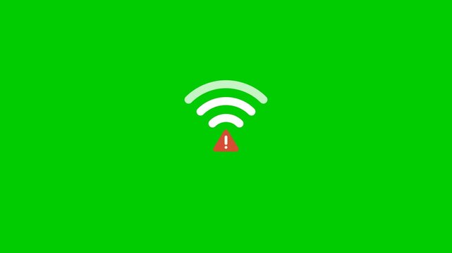 No wifi signal animation and internet error connection with red triangle alert in 4k video, wireless signal failure on green screen