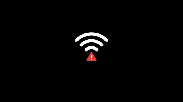 No wifi signal animation on transparent background. Internet error connection with red triangle alert in 4k video with alpha channel, wireless signal failure, network alert
