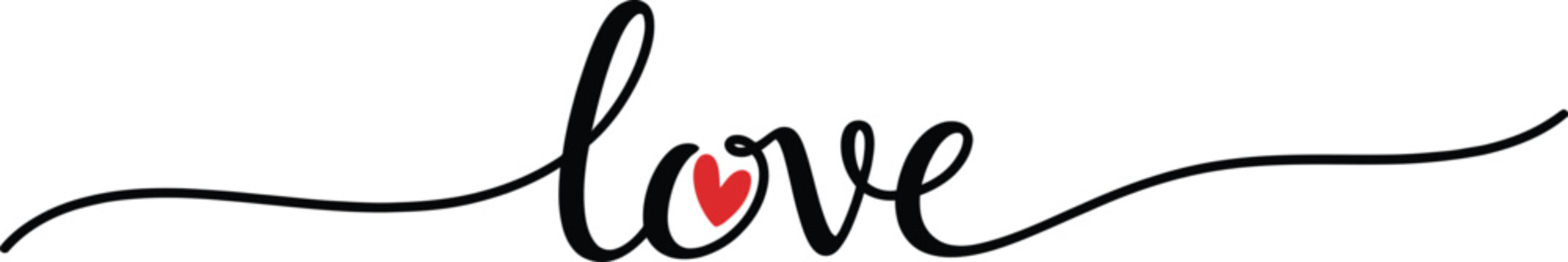 Handwritten love word with a red heart in the middle isolated on white background, Vector, illustration