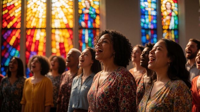 Diverse group of people sing in modern church choir. Happy singers practice music in sanctuary with colorful stained glass windows. Joyful congregation performs vocal songs during worship service.
