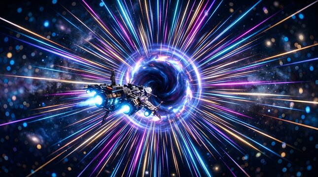 Futuristic spaceship traveling through a vibrant cosmic wormhole