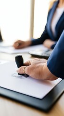 Fototapeta premium Business person stamping a document with a rubber seal in a professional office setting.