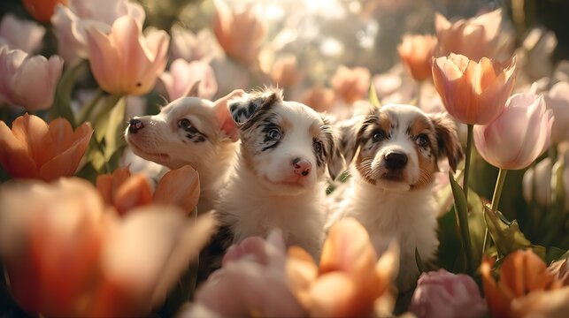 Three adorable Australian Shepherd puppies nestled amongst blooming tulips representing spring new beginnings and unconditional love perfect for seasonal marketing