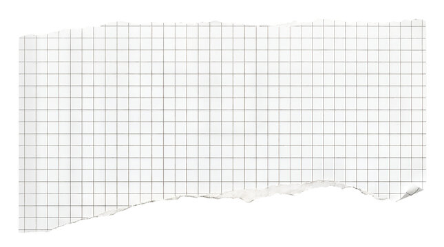Torn graph paper scrap, ripped white grid notebook page, textured paper fragment for collage and scrapbooking