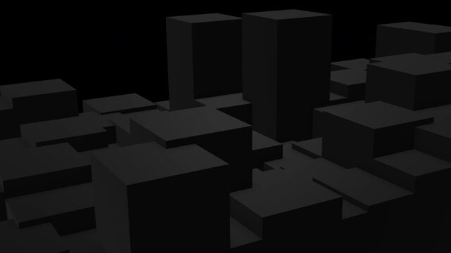 Dark 3D abstract landscape of black rectangular blocks and cubes arranged at varying heights, with dramatic shadows