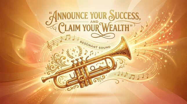 Golden trumpet announcing success and wealth with swirling musical notes and light effects, symbolizing prosperity and achievement.