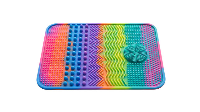 Colorful silicone makeup brush cleansing pad with textured surface, isolated on white background