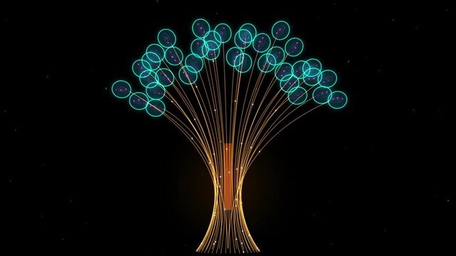 Abstract digital tree structure with glowing cyan circles and golden fiber optic strands 