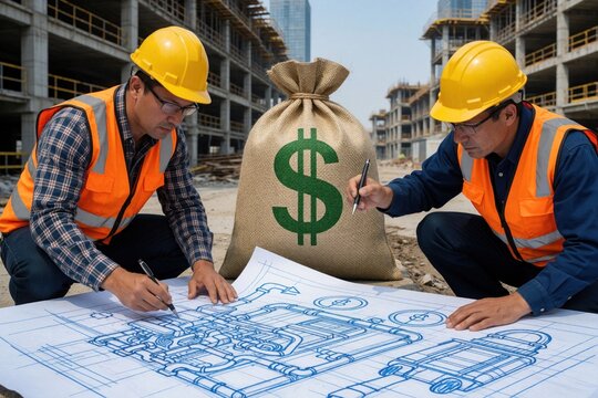 Two male engineers in yellow hard hats, safety vests study blueprints on construction site. Large money bag with dollar sign stands between. Pro contractors plan infrastructure project with high