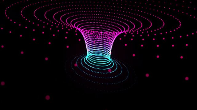 Abstract digital vortex funnel shape formed by glowing neon particles transitioning from pink 