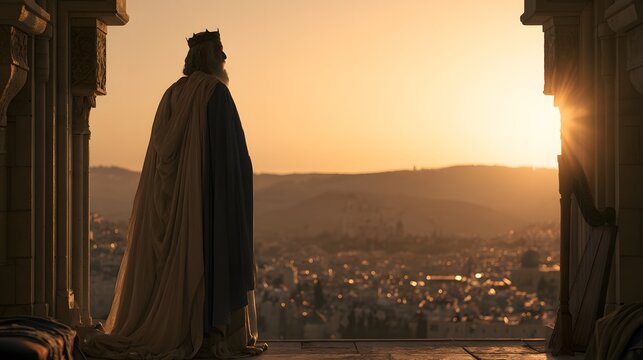 King david looking over ancient jerusalem city from palace balcony