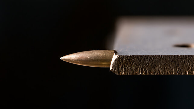 A close up view of a metallic bullet point embedded inside a solid metal block edge showcasing sharp precision design and industrial strength