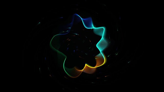 Abstract glowing neon wave form pulsating with vibrant blue green orange light particles swirling