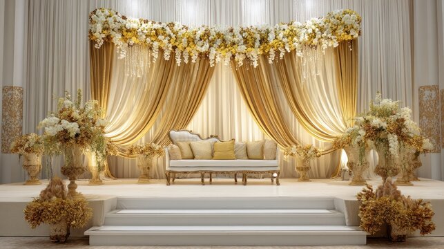 Elegant wedding stage with draped golden fabric, white floral arrangements, and a central seating area