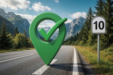 Naklejka premium Green location pin with check mark stands on mountain road. Milestone symbol shows goal reached on highway. Scenic landscape with trees, peaks. Navigation marker marks destination success during