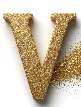 Golden glitter letter V on white background. Shiny sparkling capital V font with luxury texture. Shimmering gold dust particles scatter near alphabet character. Elegant decorative typography for