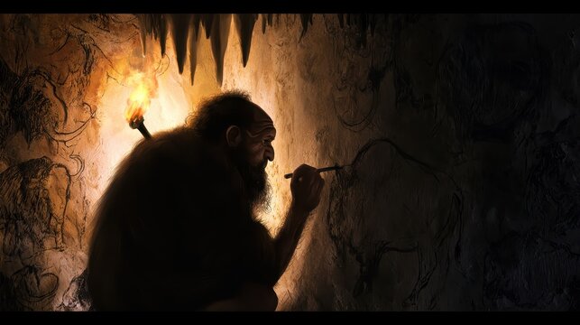 Prehistoric caveman painting on stone wall with torch light in a dark underground cavern.