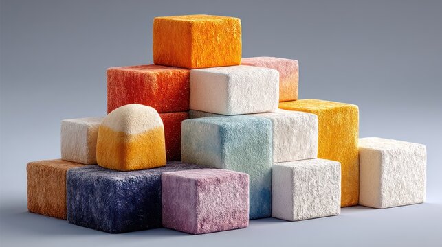 A stack of textured, colorful, cube-like objects against a soft, light-blue background