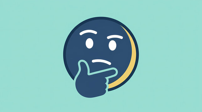 A contemplative dark blue circular character symbol demonstrating a thoughtful expression with a hand gesture near the chin area representing deep processing of information and critical