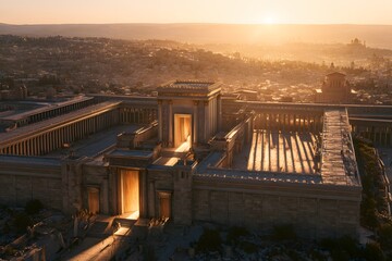 Fototapeta premium Aerial view of the second temple of jerusalem at sunrise with ancient city architecture
