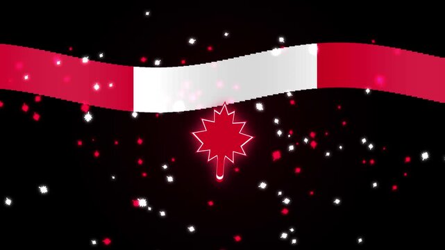 Abstract red white wave banner glowing star symbol dark background sparkling particles
