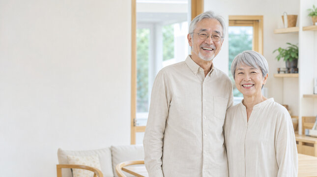 笑顔で並ぶ日本人シニア夫婦のライフスタイル
Smiling Japanese senior couple standing together at home