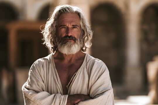 Portrait of an older man with long gray hair and a beard in ancient attire with arms crossed