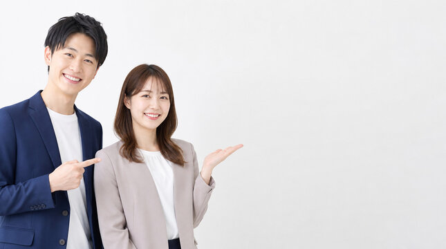 笑顔で並ぶ若手ビジネスペアのビジネスポートレート
Young Japanese business pair smiling in a professional portrait