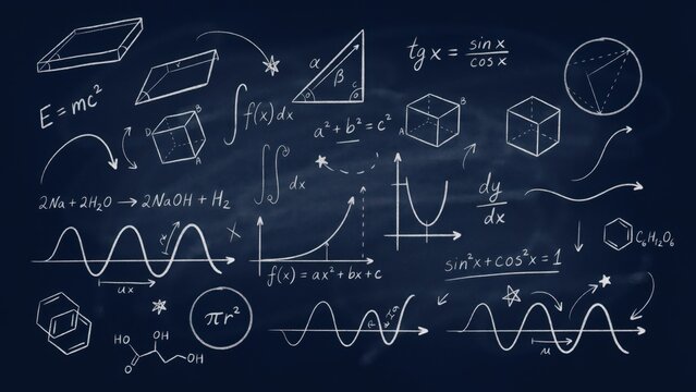 Hand drawn mathematical formulas, geometric shapes, and physics equations written in white chalk on a dark blue textured school blackboard surface