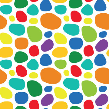Vector colorful abstract blobs seamless pattern. Bright geometric liquid spots background with repeat modern shapes texture for trendy wrapping paper print, festive fashion textile fabric and kids dec