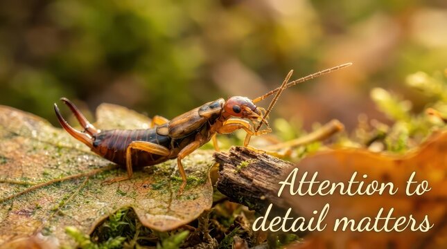 Extreme close-up of an earwig insect with pincers, on a leaf with moss and bark, macro photography, natural habitat, intricate details, shallow depth