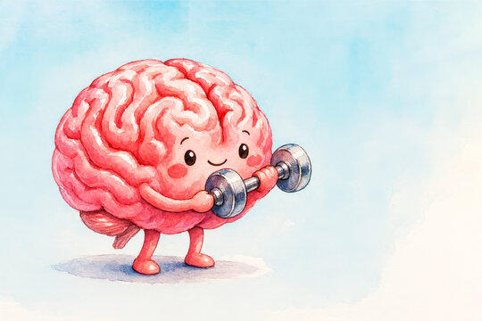 Watercolor illustration of a cute, athletic brain holding a dumbbell. Concept of human development and intelligence.
