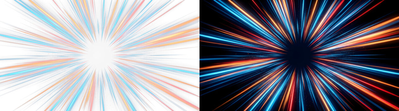 Speed line burst set. Abstract zoom lines in blue and orange on white and black backgrounds. Fast motion effect