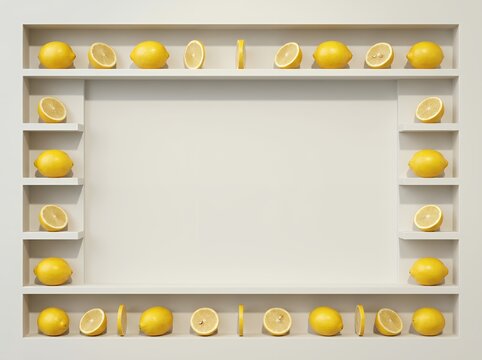 Architectural Wall Shelving Lemon Frame with Embossed Citrus Border and Minimal Copy Space Background for Retail Banner and Product Packaging