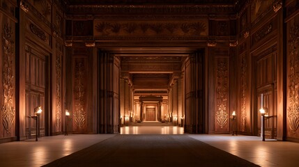 Obraz premium Spacious grand hall of an ancient palace with wooden walls, golden details, and a view through open doors