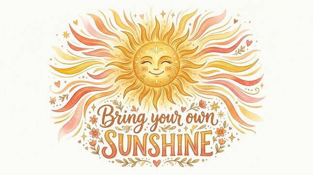 Happy watercolor sun illustration with inspirational quote 'Bring Your Own Sunshine', perfect for positivity and summer themes